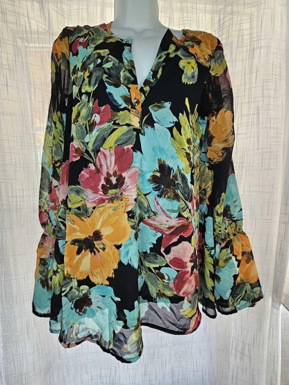Show Me Your MuMu Black Floral V-Neck Tunic with Turquoise, Yellow & Pink Blooms